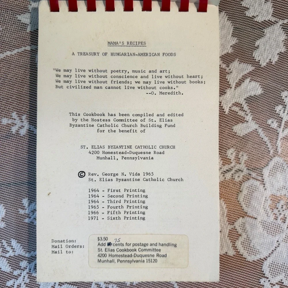 St Elias Mama's Recipes Cookbook Hungarian American 1971 White Good Spiral Bound